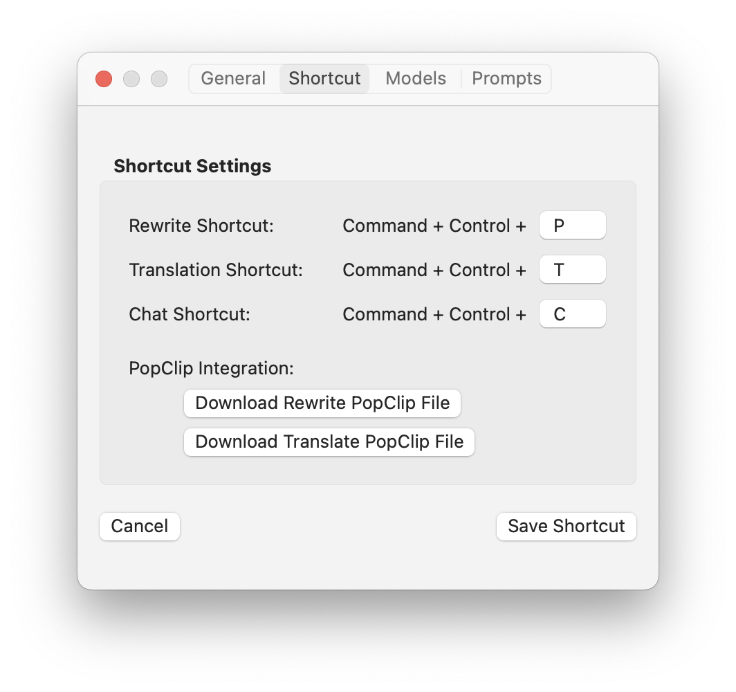 Wright LLM Shortcuts Settings Interface